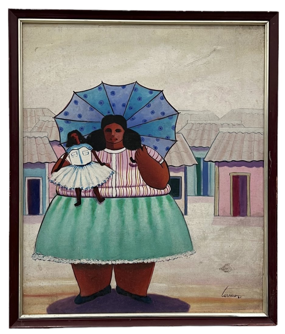 Vintage Naive Mexican Modern Painting, Signed & Dated: Oil on canvas 24 x 20 in, 26 x 22 in