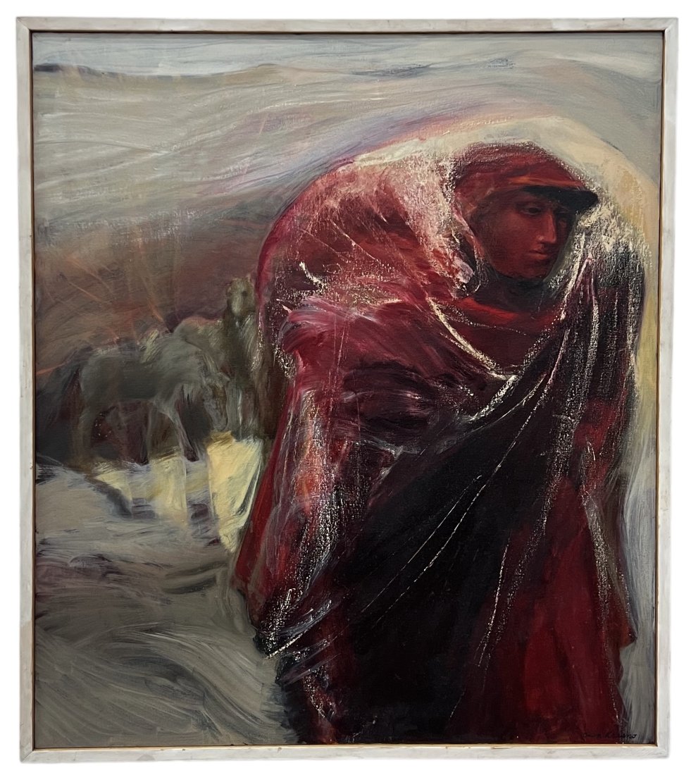 JEAN KRASNO (20th c, American) Abstract w/ Figure. New York Artist: Oil on canvas 41 x 36 in, 42.5 x 37.5 in (framed)
