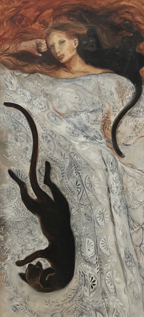 1970's Modernist Painting Of Woman In Bed With Her Cats, Signed: Oil on canvas 56 x 26 in