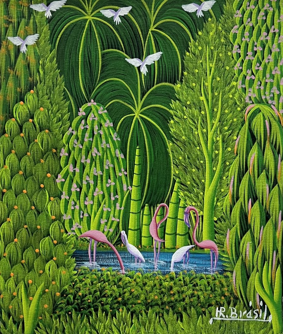 HENRI ROBERT BRESIL (1952-1999, Haiti) Jungle Landscape: Oil on canvas 12 x 10 in