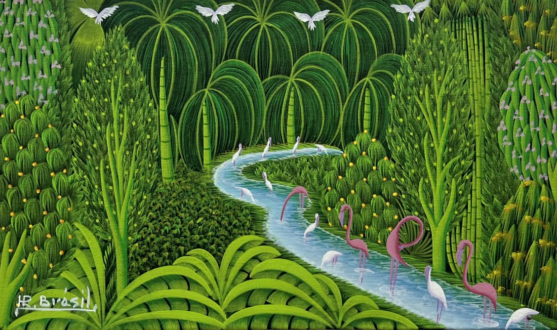 HENRI ROBERT BRESIL (1952-1999, Haiti) Jungle Landscape: Oil on canvas 20 x 12 in