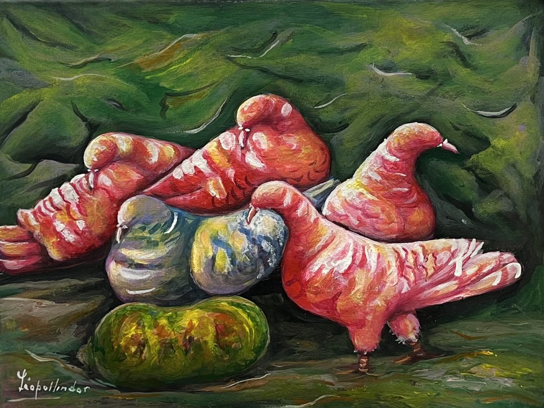 LEOPOL LINDOR (20th c, Haiti) Birds: Oil on canvas 16 x 12 in