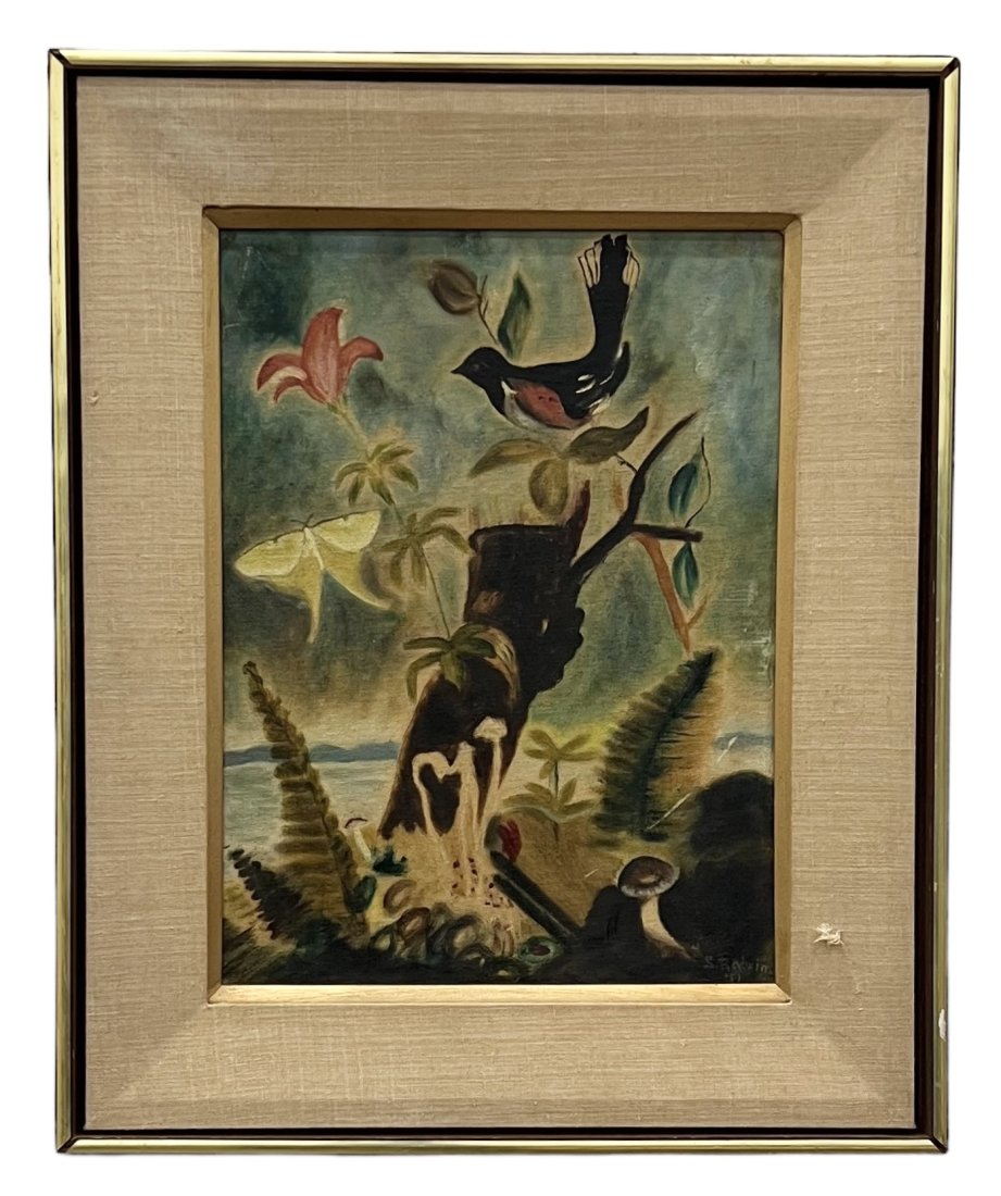 Mid-Century Naive Landscape w/ Bird, Illegible Signature: Oil on board 16 x 12 in, 22 x 18 in (framed)