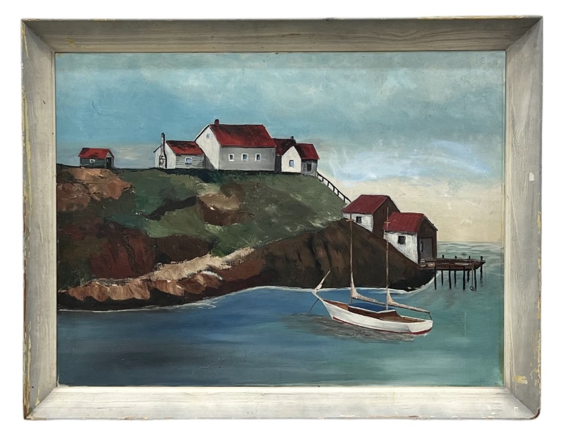 Early 20th Century Large Nova Scotia Coastal Landscape, Signed Folk Art: Oil on canvas 40 x 30 in, 45 x 35 in (framed)