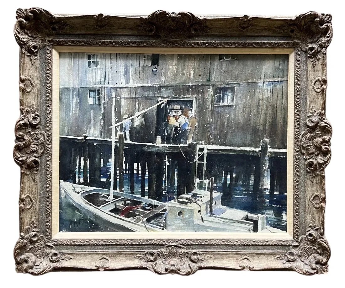NITA ENGLE (b. 1925, American) Unloading Fish, Gloucester, MA: Watercolor on paper 27 x 21 in (sight), 36 x 30 in.From a studio on the shores of Lake Superior in Michigan, she became a prolific watercolor artist whose Impressionist work was circulated widely in p