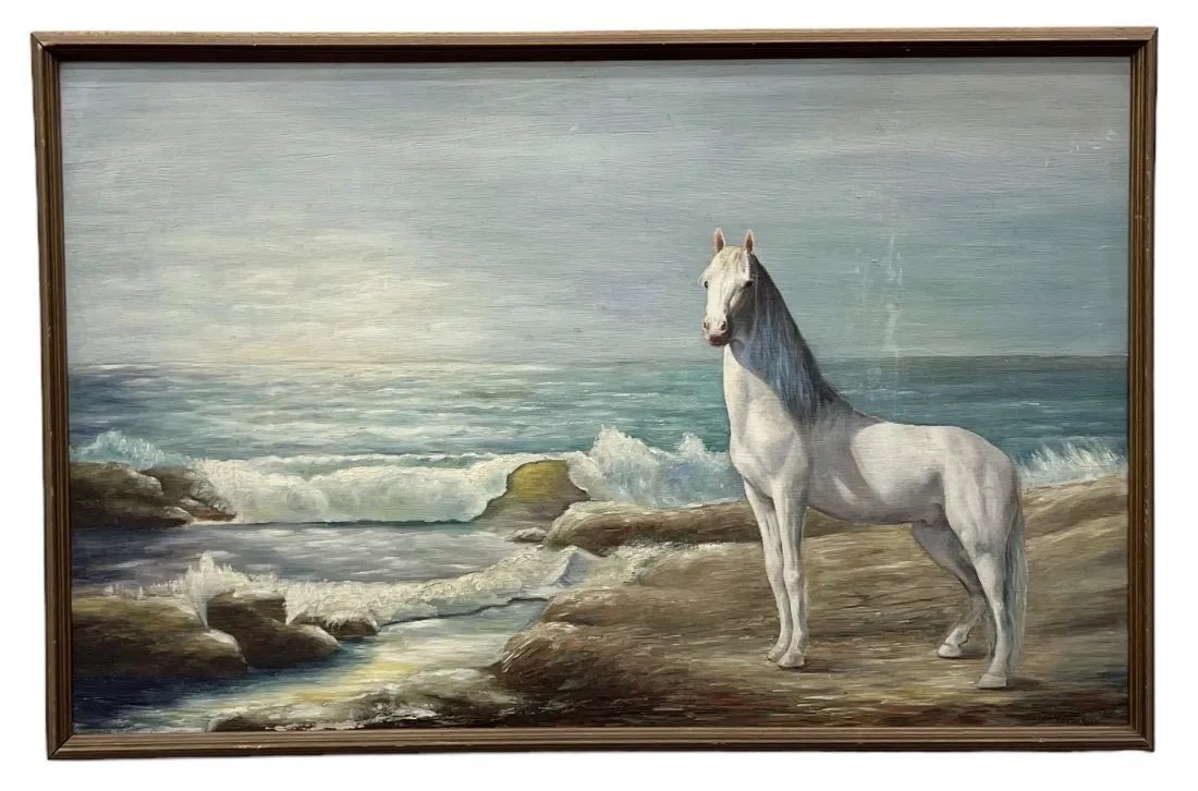 American Impressionist Beach Scene With Horse, Signed: Oil on board 40 x 25.5 in, 41.5 x 27 in (framed)