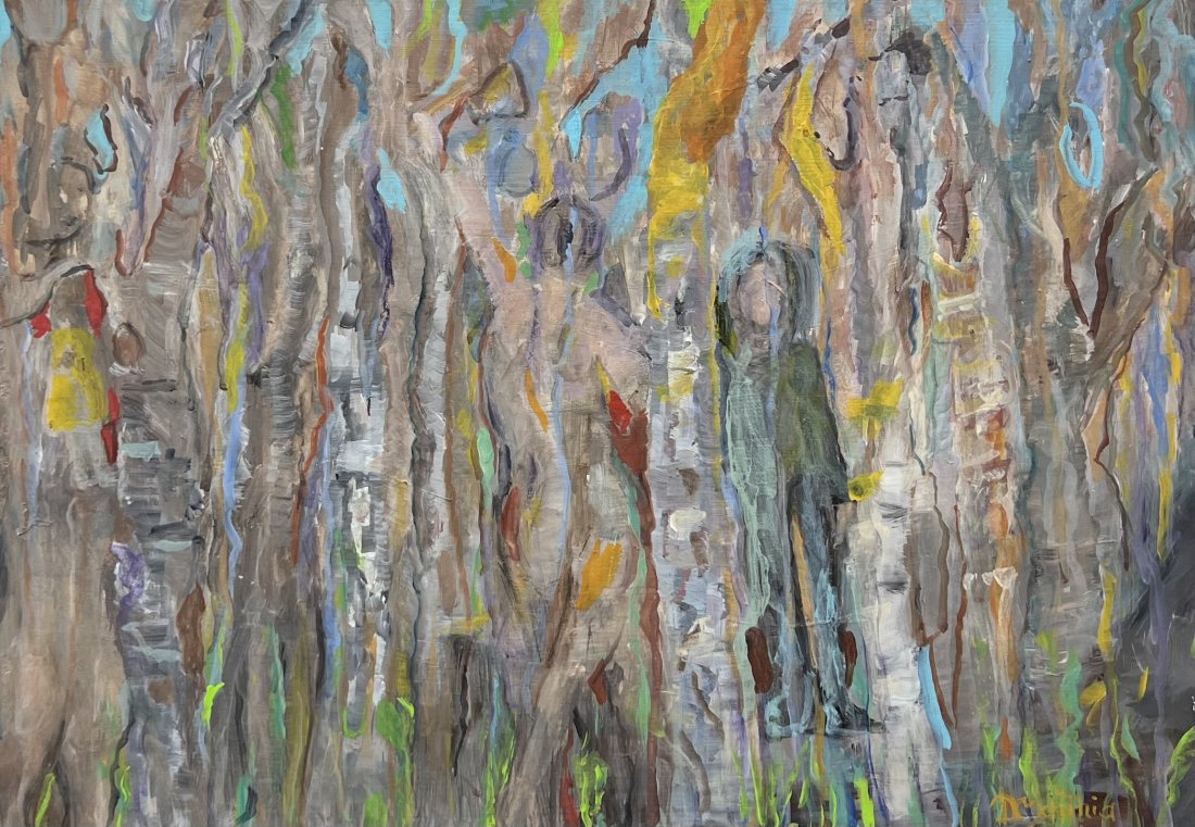 Modern Abstract Painting Of Figures, Signed: Acrylic on board 20 x 14 in