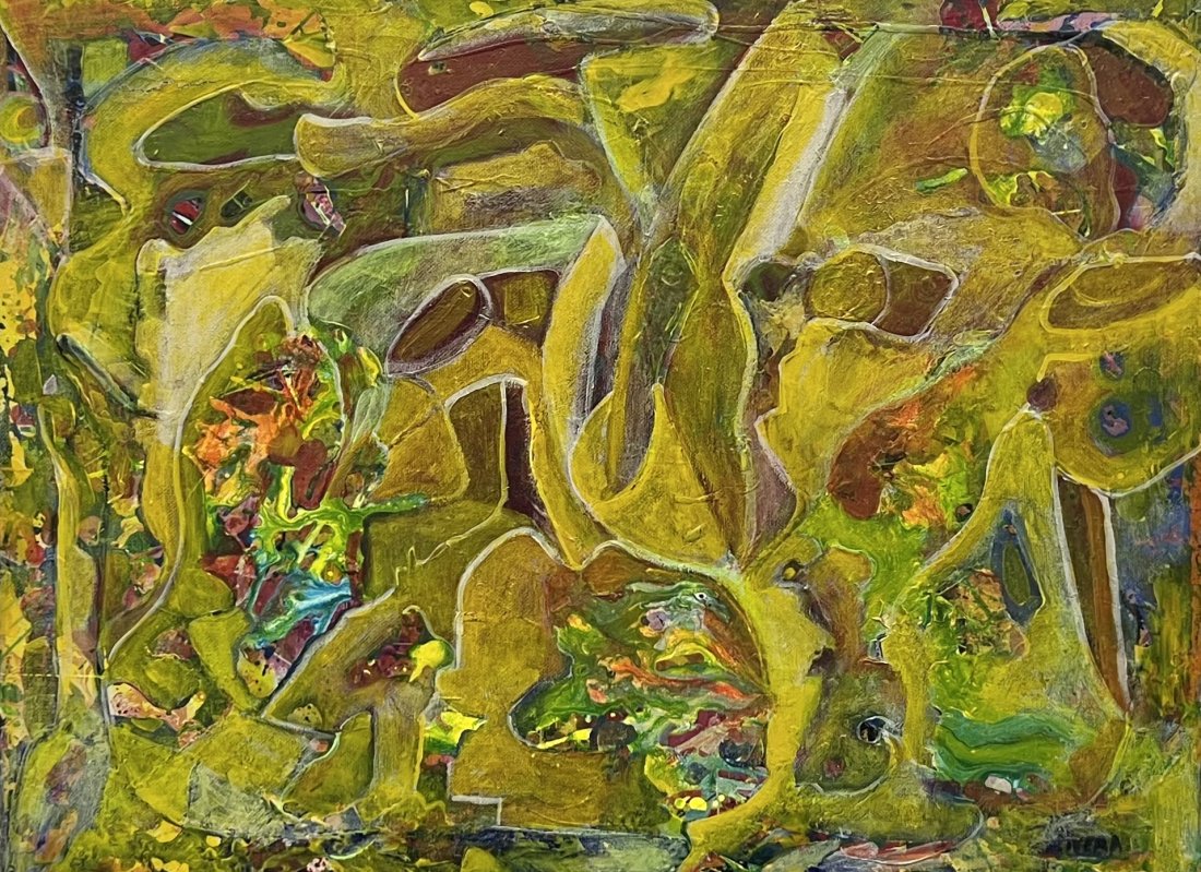 Contemporary Abstract Painting With Figures Signed Rivera: Mixed media on canvas 24 x 18 in