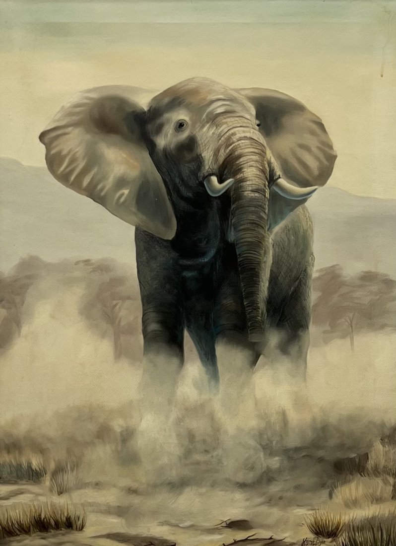 Vintage Painting Of An African Elephant, Signed 1960's: Oil on canvas 30 x 22 in