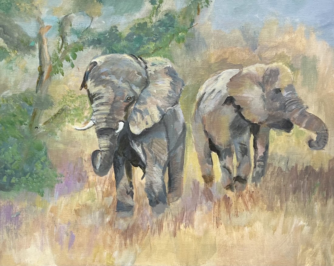 Vintage Impressionist Painting Of African Elephants: Oil on canvas 20 x 16 in