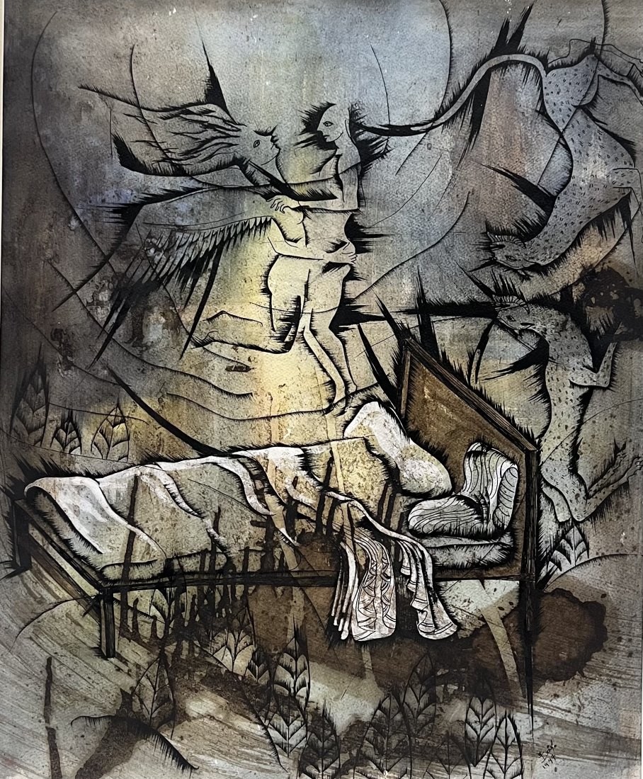 IVAN AROCHA (20th c, Cuban) Abstract, Surrealist Ink Drawing: Mixed media on paper, 26 x 21 in