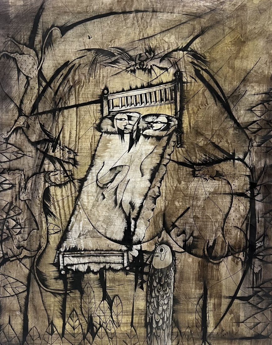 IVAN AROCHA (20th c, Cuban) Abstract, Surrealist Ink Drawing: On paper 26 x 21 in