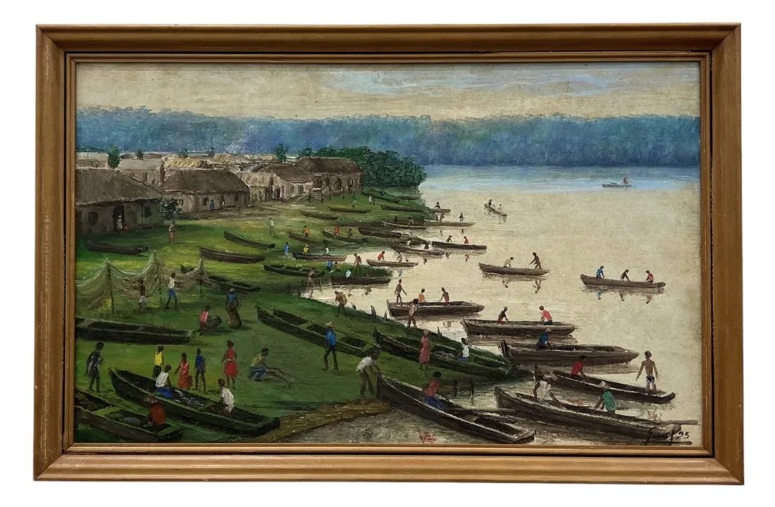 Cuban Impressionist Harbor Scene, Signed: Oil on canvas 27 x 17 in, 29 x 19 in (framed)