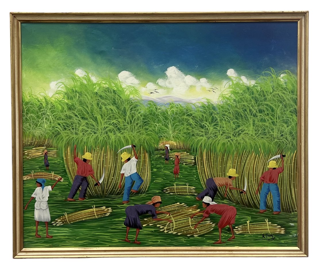 Haitian Sugarcane Cutters Painting, Signed: Oil on canvas 29 x 24 in
