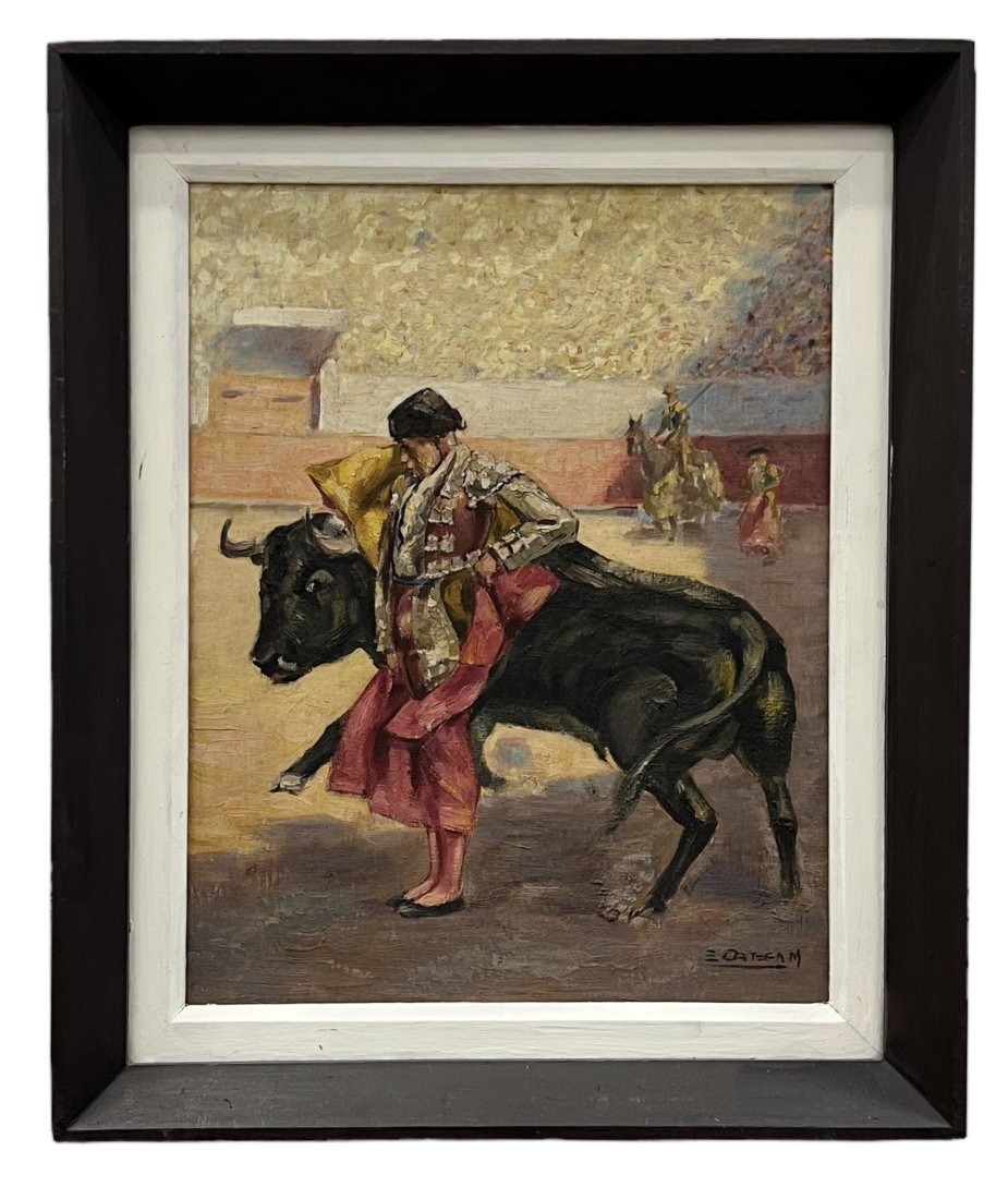Vintage Impressionist Spanish Bullfighting Painting w/ Matador, Signed: Oil on board 17.5 x 14 in, 21.5 x 18 in (framed)