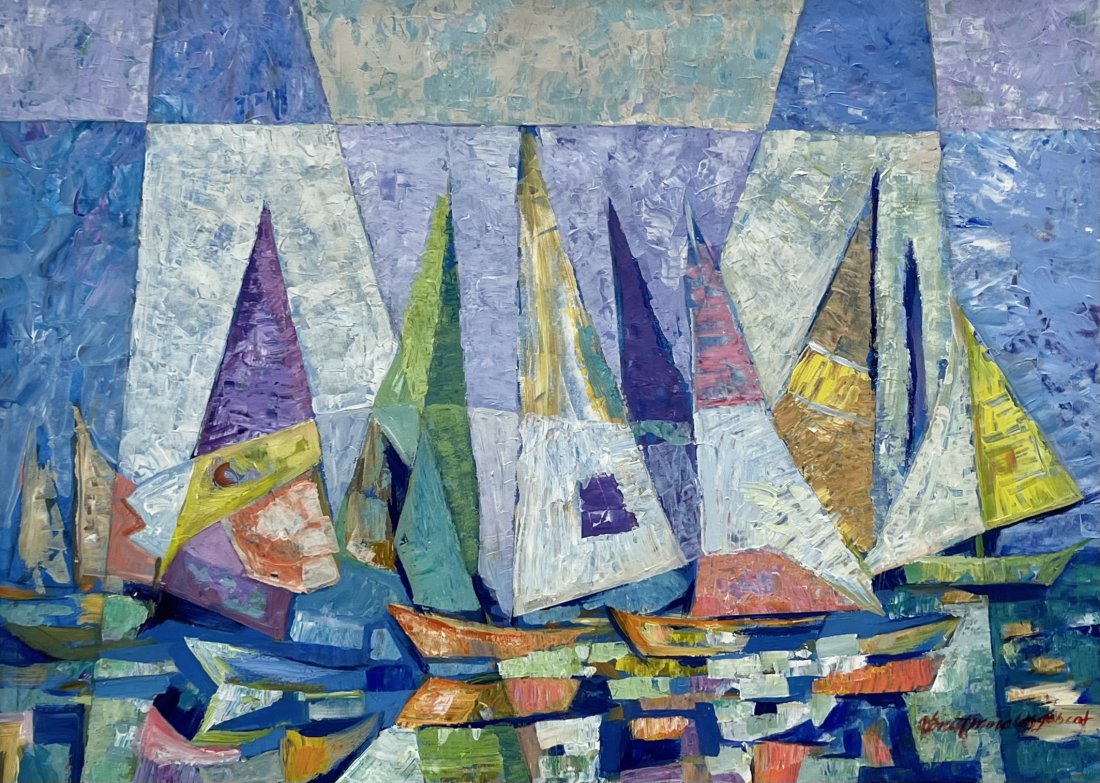 Modernist Abstract Of Sailboats Signed By Unknown Artist: Oil on paper 30 x 22 in