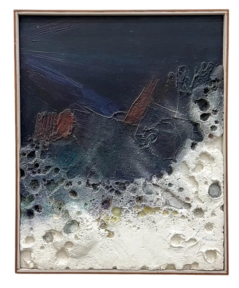 Vintage Texturized Futurist Abstract Painting, Signed: Mixed media on canvas 31 x 25 in (framed)