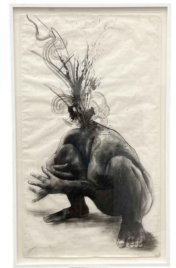 Monumental Contemporary Surrealist Abstract w/ Figure Signed Unknown Artist: Mixed media on paper 62 x 35.5 in, 67.5 x 41 in