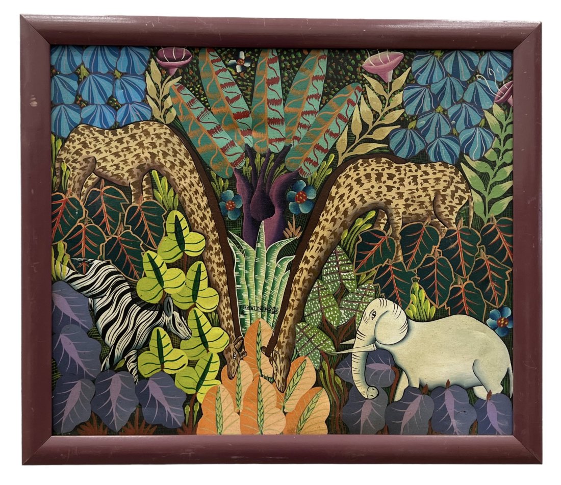 FRANTZ GOUSSE (20th c, Haiti) Jungle Scene, Style Of Rousseau: Oil on canvas 24 x 20 in, 26 x 22 in (framed)