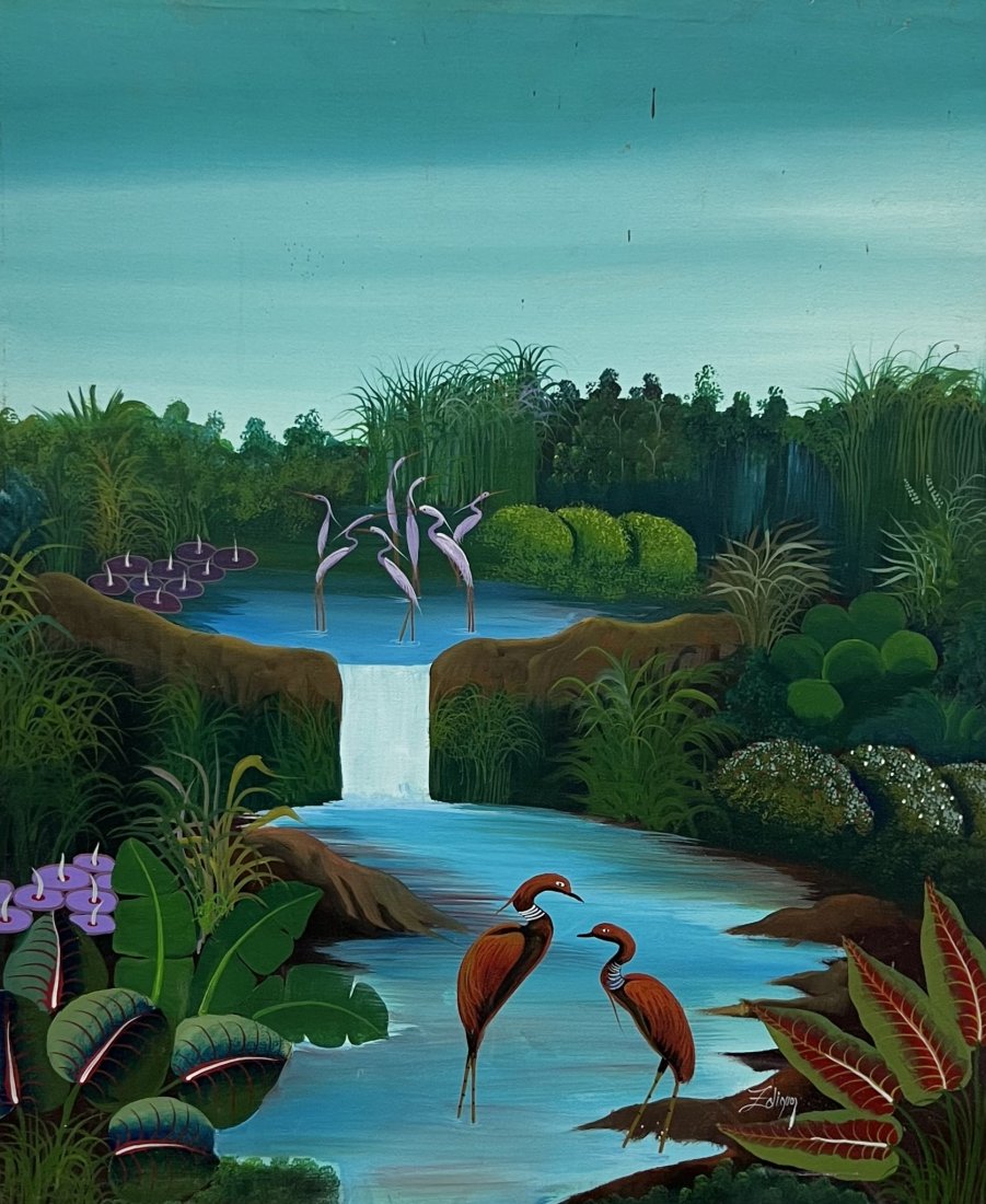 Haitian Jungle Scene w/ Waterfall, Signed By Unknown Artist: Acrylic on canvas 24 x 20 in