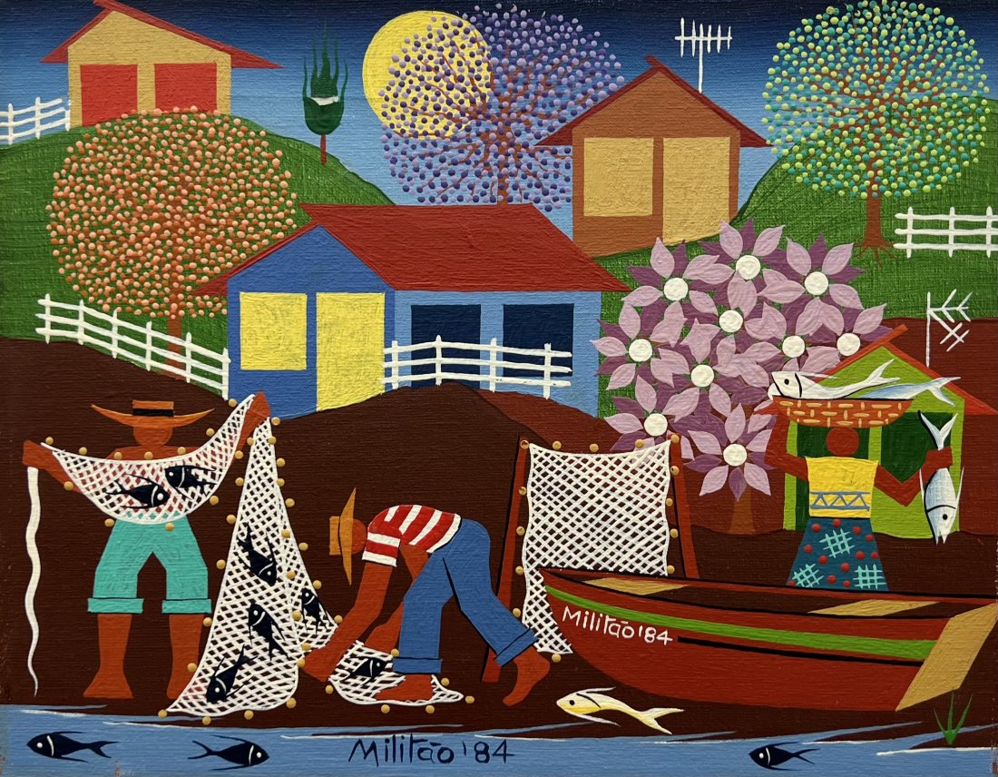 MILITAO SANTOS (20th c Brazil) Naive Harbor Scene, Rio de Janeiro: Oil on canvas 14 x 11 in