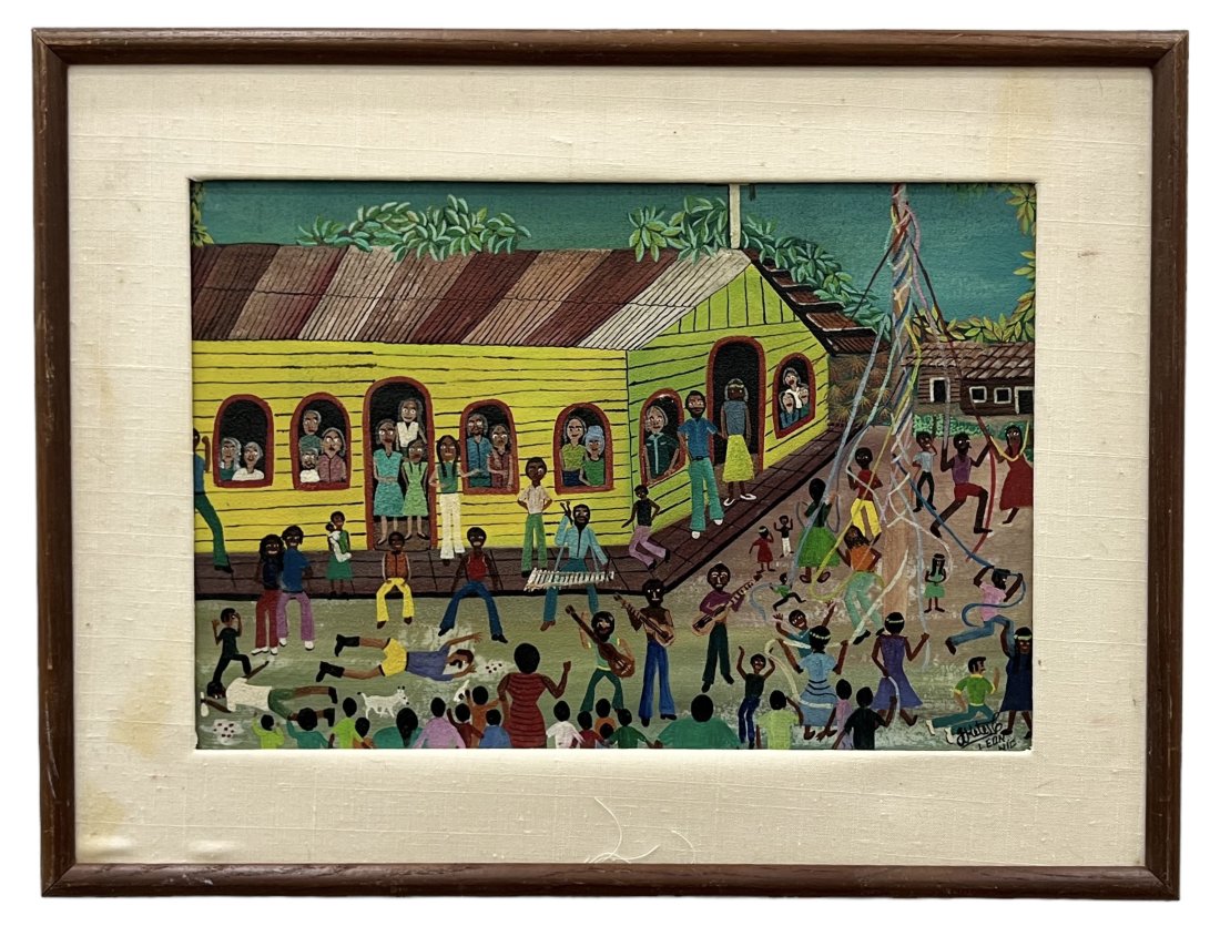 Nicaraguan Folk Art Schoolyard Scene, Signed: Oil on board 16 x 11 in, 21 x 16 in