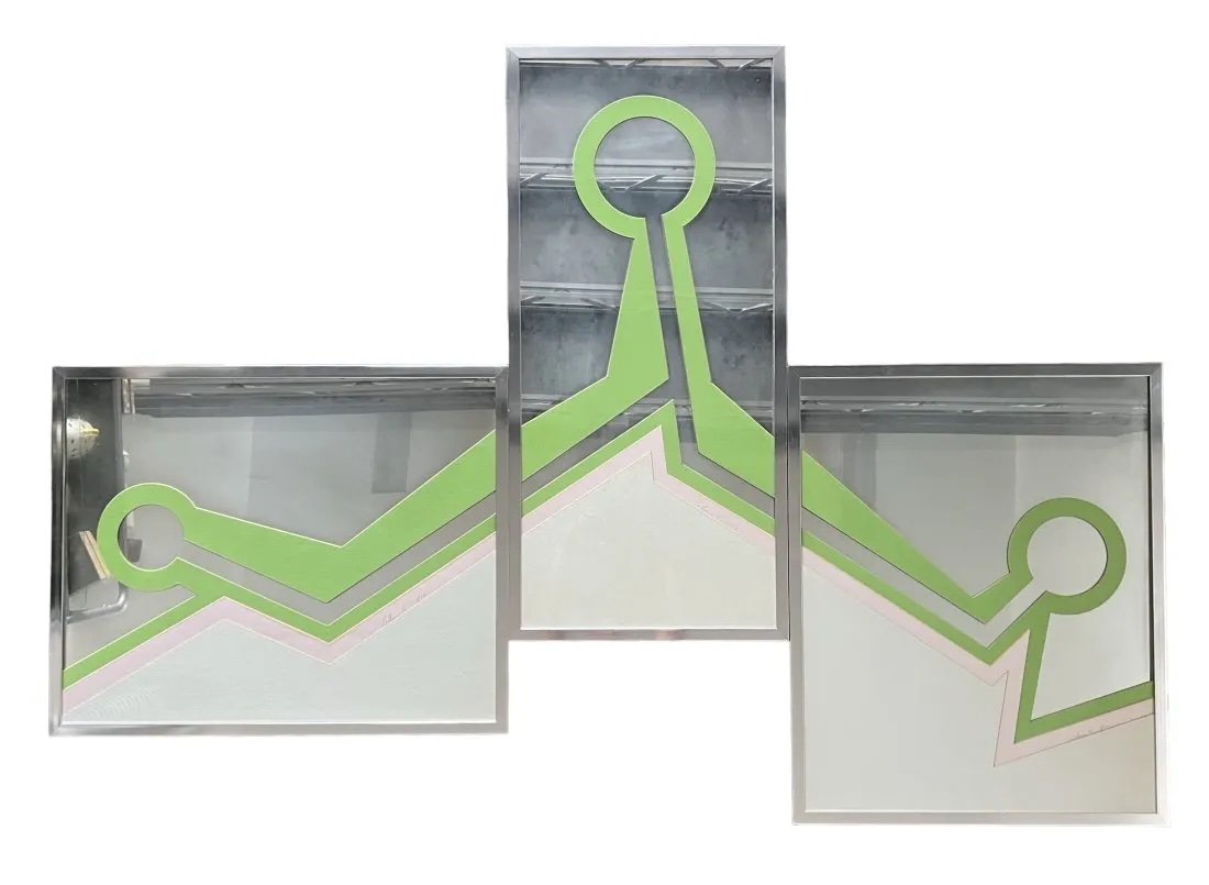 1970's Post Modern Mirrored Triptych Signed By Unknown Artist: 41.5 x 19.5 in, 31.5 x 25.5 in, 31.5 x 25.5 in