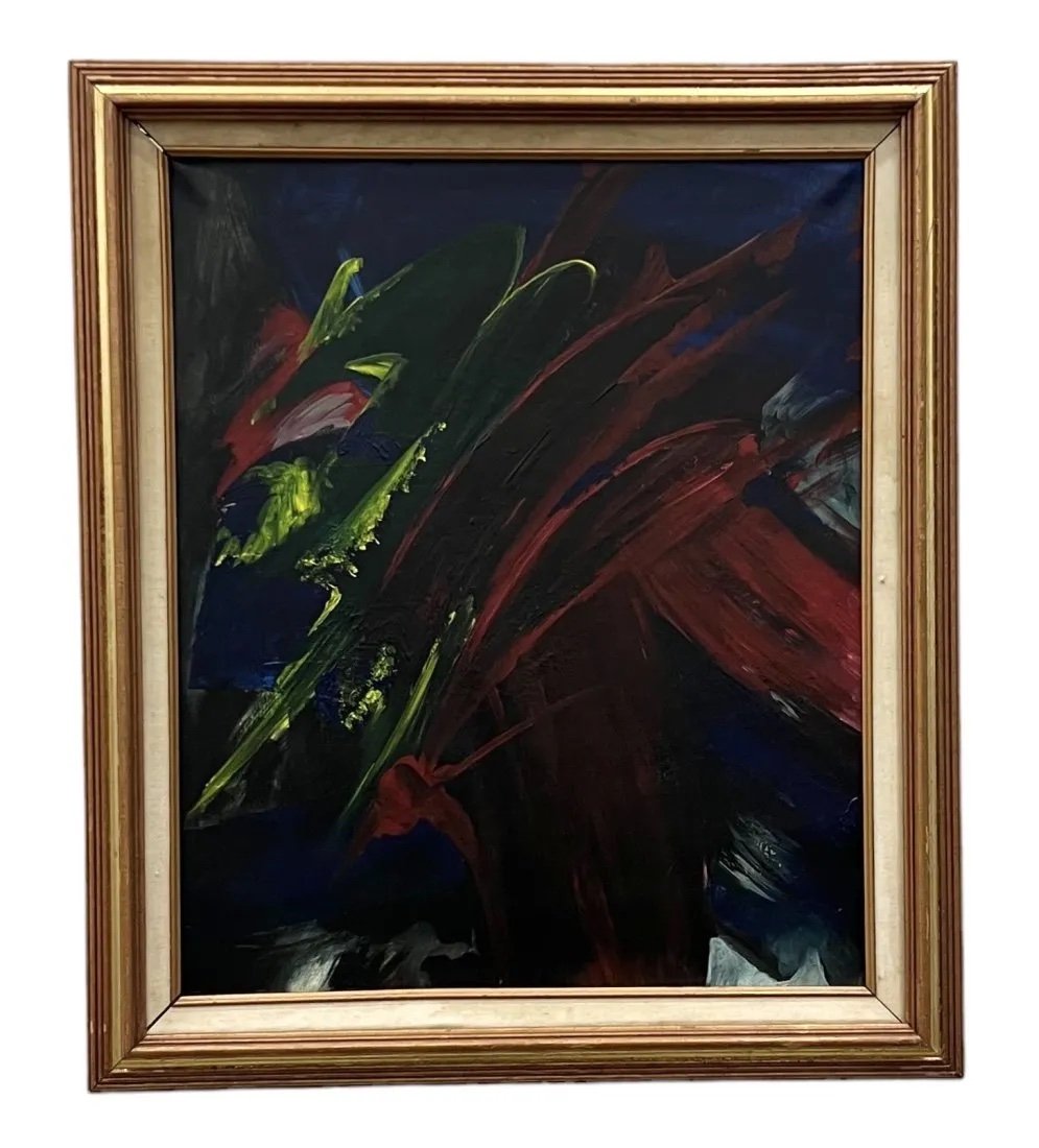 Vintage Abstract Expressionist Painting, Unsigned: Oil on canvas 24 x 20 in, 29 x 25 in (framed)