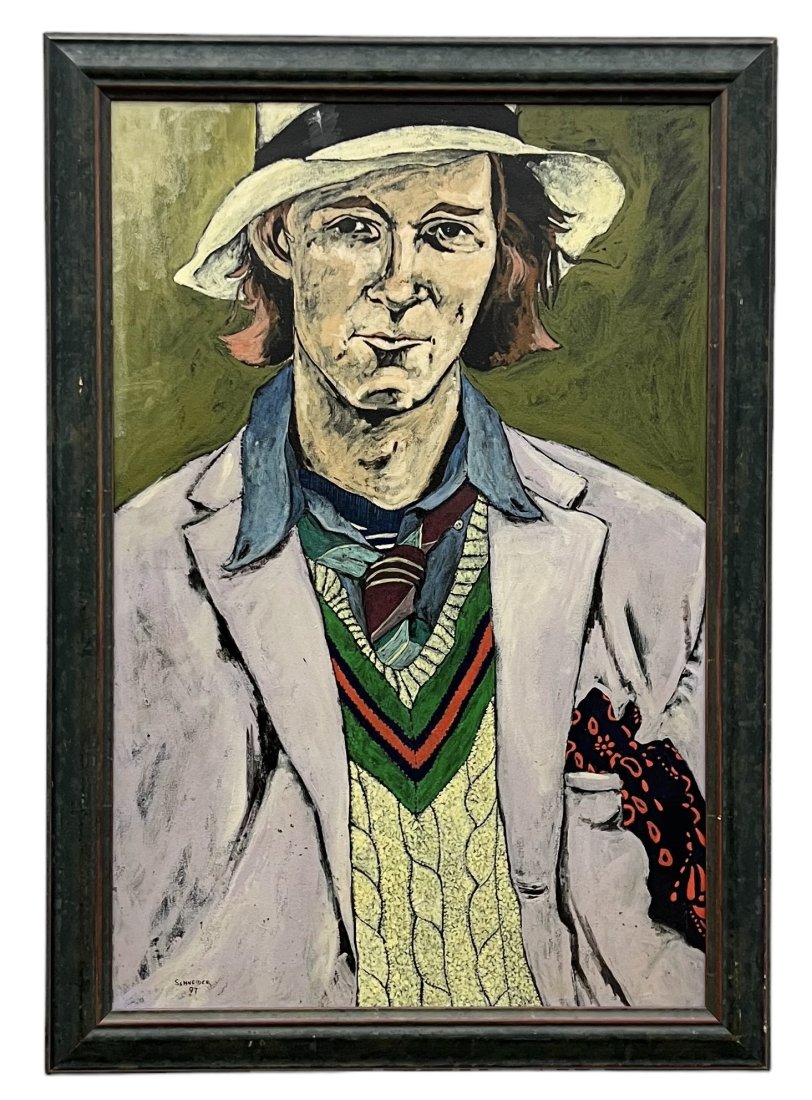 1990's Modern Portrait Of A Hipster, Signed: Oil on canvas 36 x 24 in, 40.5 x 28.5 in (framed)