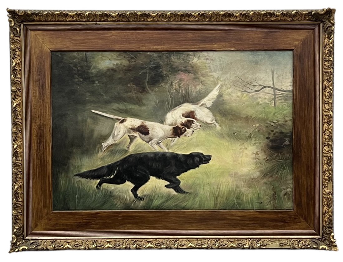 19th Century English Hunt Scene In Period Frame, Unsigned: Oil on canvas 36 x 24 in, 47.5 x 35.5 in (framed)