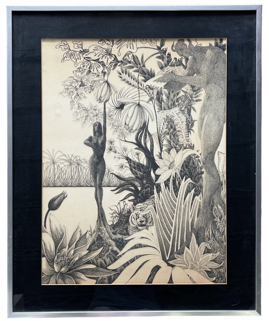 Vintage Art Deco Ink Drawing Nude In Jungle Unknown Artist: 26 x 19.5 in, 33 x 27 in (framed)