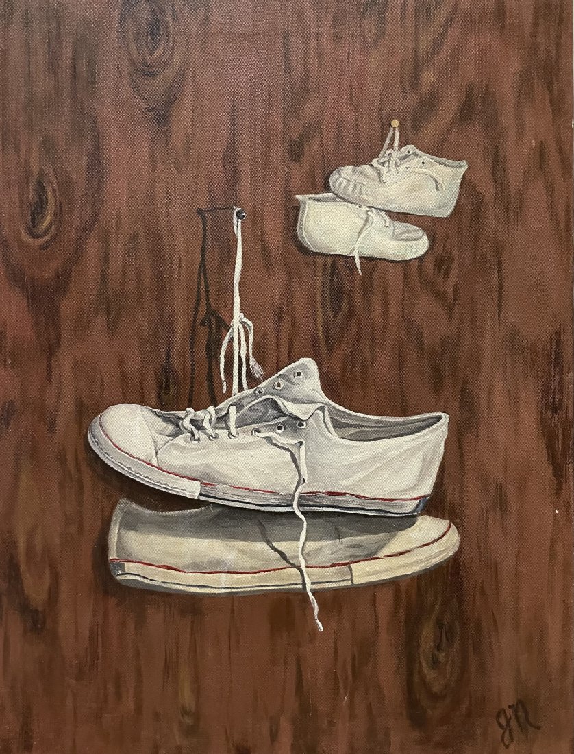Vintage Trompe L'oeil Painting Of Kids Shoes, Signed: Oil on canvas 18 x 24 in