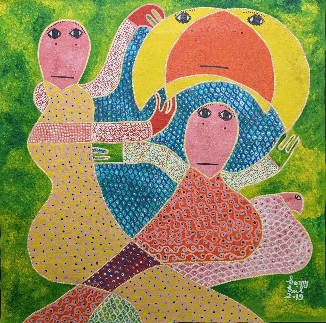 LEVOY EXIL (20th C, Haiti): Mixed media on canvas 24 x 24 in