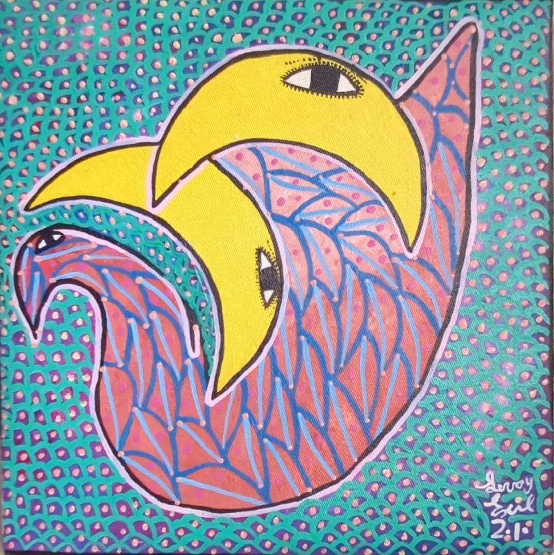 LEVOY EXIL (20th C, Haitian) Moon Abstract: Mixed media on canvas 12 x12 in