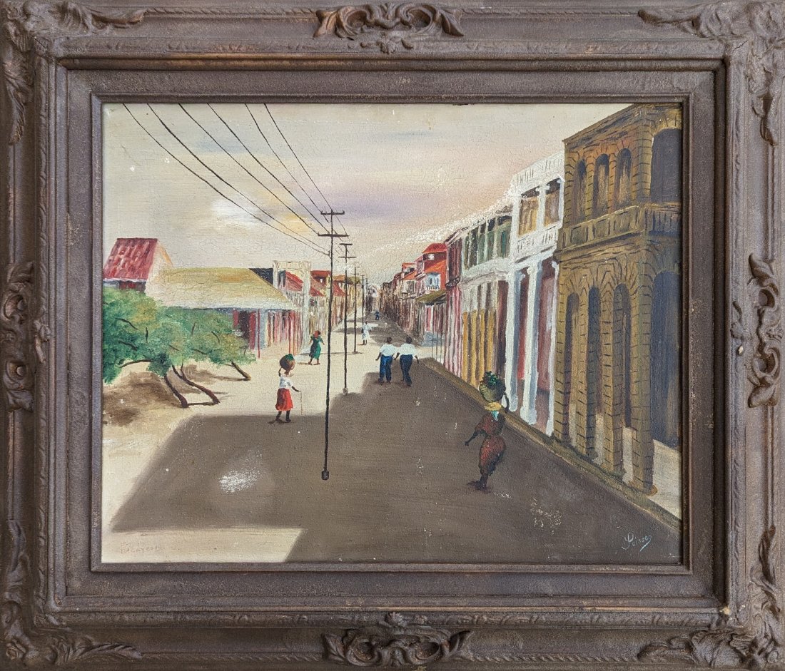 LOUVERTURE POISSON (1914-1985, Haiti) "Cayes" Street Scene: Oil on canvas 24 x 20 in.
