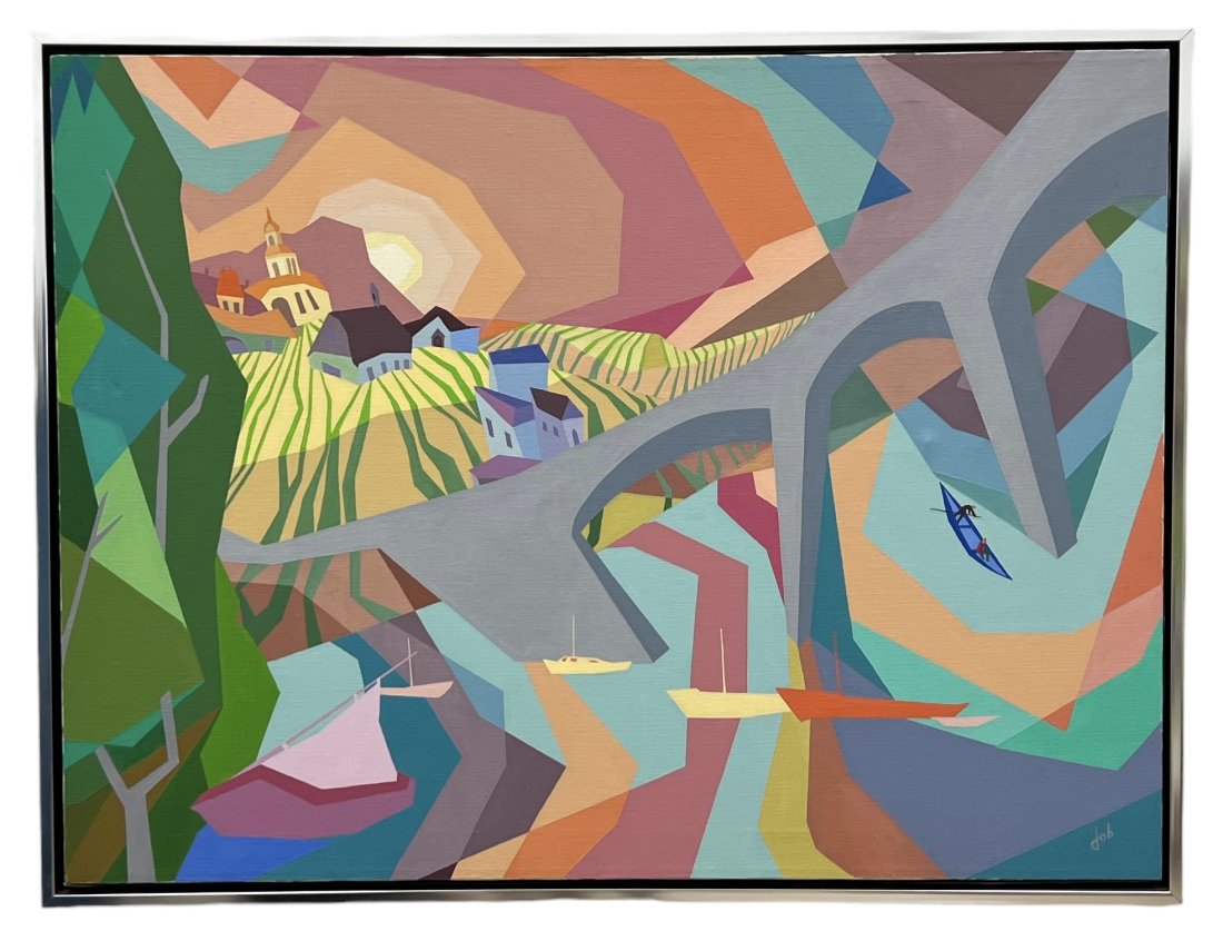 Large Modernist Hard Edge Landscape Painting Signed By Artist: Acrylic on canvas 45 x 50 in