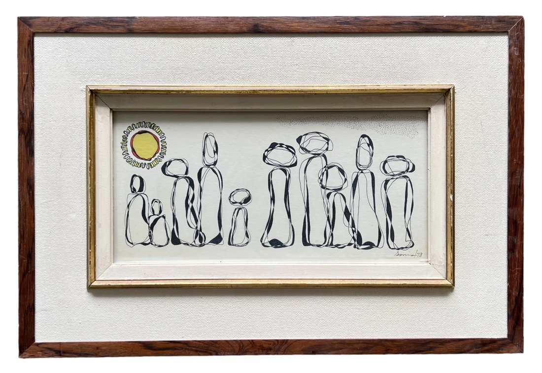 1970's Mid-Century Modern Ink Drawing, Signed: 16 x 8 in, 24 x 16 in (framed)
