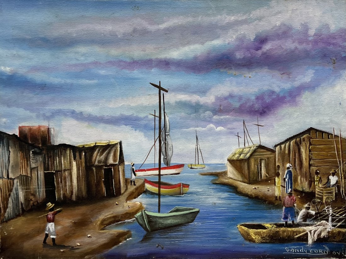 SANDY CORN (20th c, Haiti) Harbor Scene: Oil on canvas 16 x 12 in