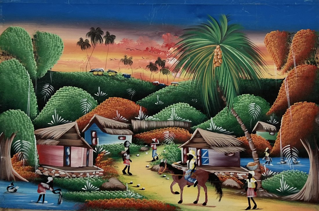 Colorful Vintage Haitian Painting: Oil on canvas 36 x 24 in