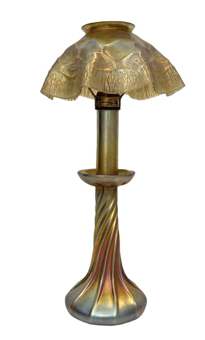 Tiffany Studios Favrile Yellow Iridescent Candle Lamp: 15 x 7 in