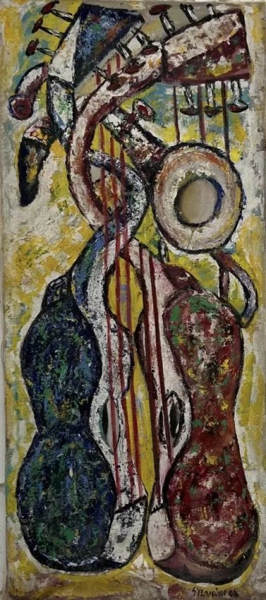 BIEN-AIME SYLVAIN (b. 1936, Haiti) Guitars: Oil on canvas 34 x 15 in