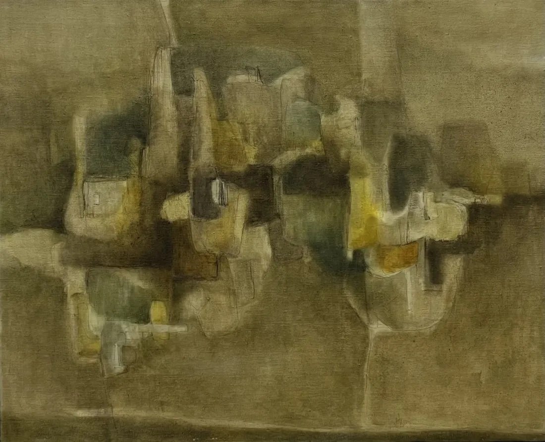 Mid-Century Modern Abstract Painting: Oil on canvas 33 x 26 in