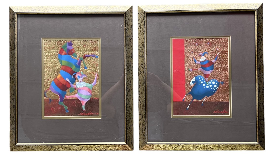 Pair Of Contemporary Jester & Horse Painting, Signed: 26.5 x 23 in (framed)
