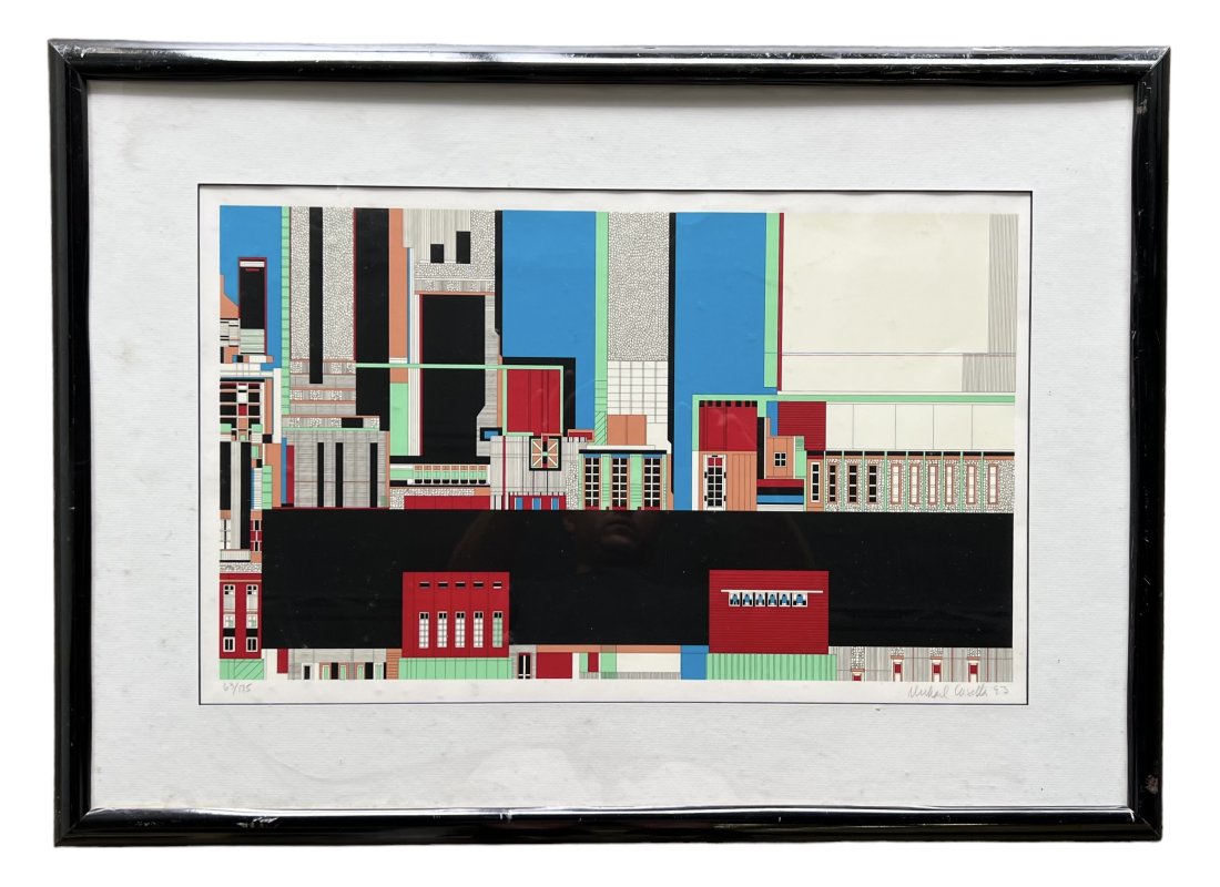 1990's Geometric Serigraph Print Pencil Signed Unknown Artist: 21 3/4 x 12 3/4 in, 31 x 22 in (framed)