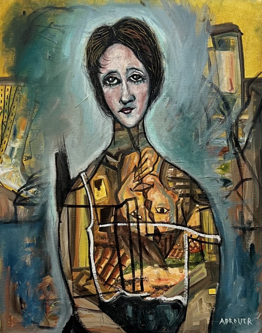 JAIME ADROVER (20th c, American) Biormorphic Portrait: Oil on canvas 20 x 16 in