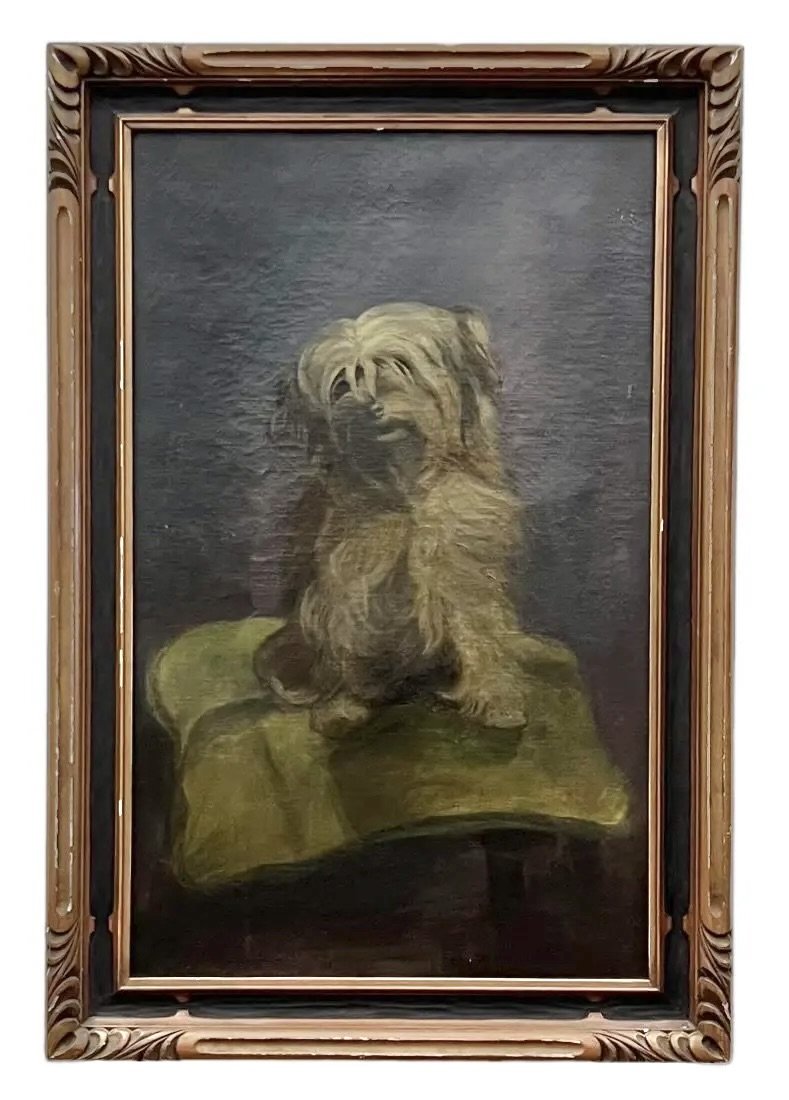 Antique American Dog Portrait Of A Terrier: Oil on canvas 29 x 18 in, 34.5 x 23.5 in (framed)