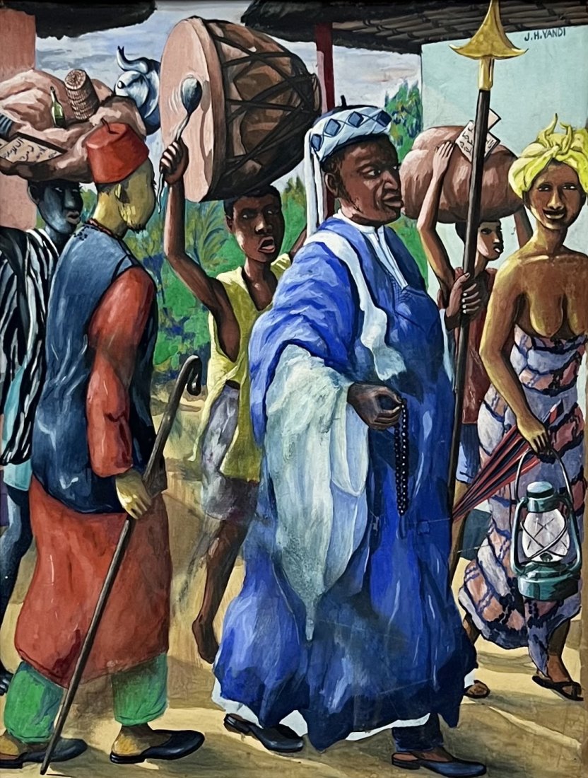 JOHN H VANDI (20th c, Africa) "A Chief & His Retinue" Sierra Leone, Africa: Gouache on paper 16 x 21 in
