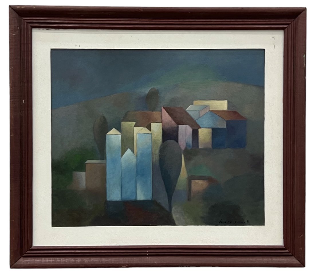 Vintage Cubist Landscape Painting Signed By Unknown Artist: Oil on canvas 25.5 x 21.5 in, 31.5 x 28 in (framed)
