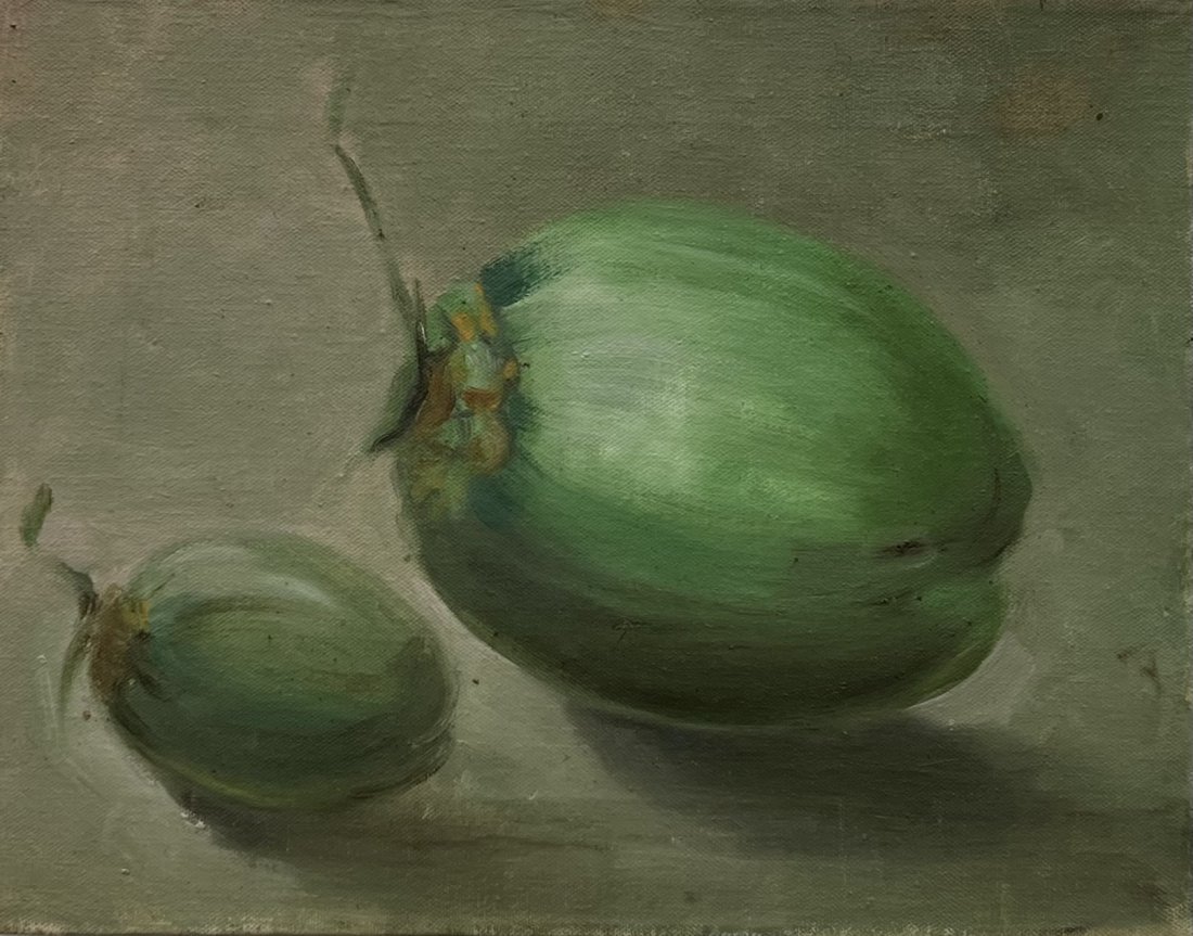 Impressionist Still Life Of Ayotes, Signed Verso: Oil on canvas 14 x 11 in