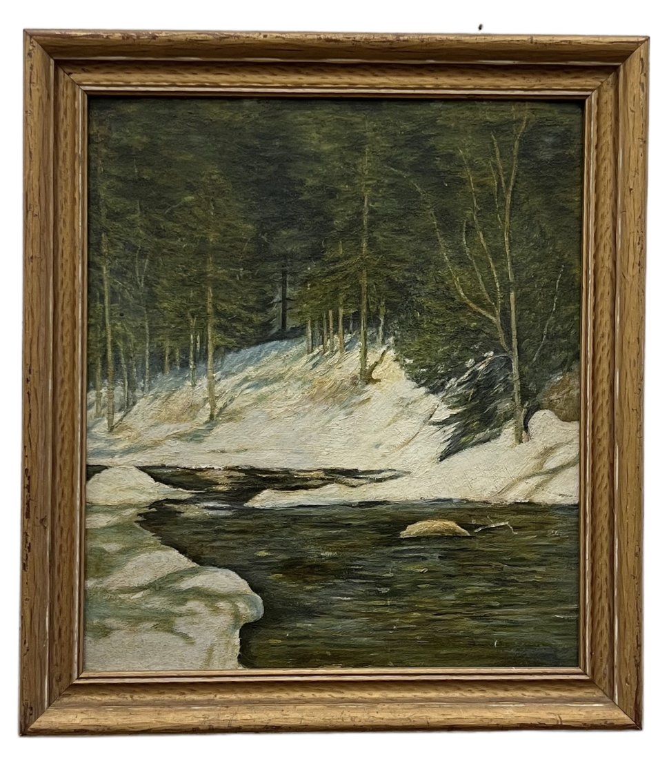 American Impressionist Winter Landscape River Scene, Unknown Artist: Oil on board 17.5 x 15 in, 20 x 18 in (framed)